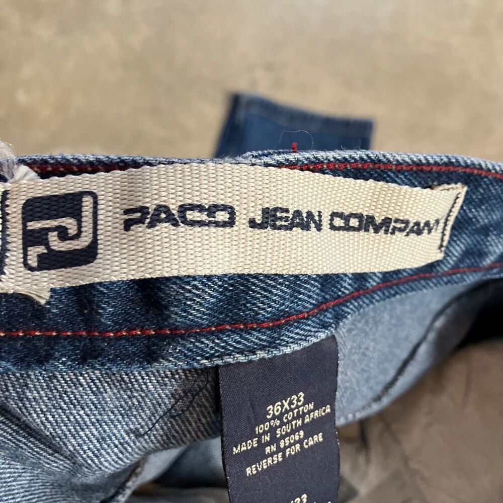 PACO Jeans Mens 36x33 Blue Spellout Patch Wide Leg Baggy Skate Y2K Denim - Picture 7 of 9
